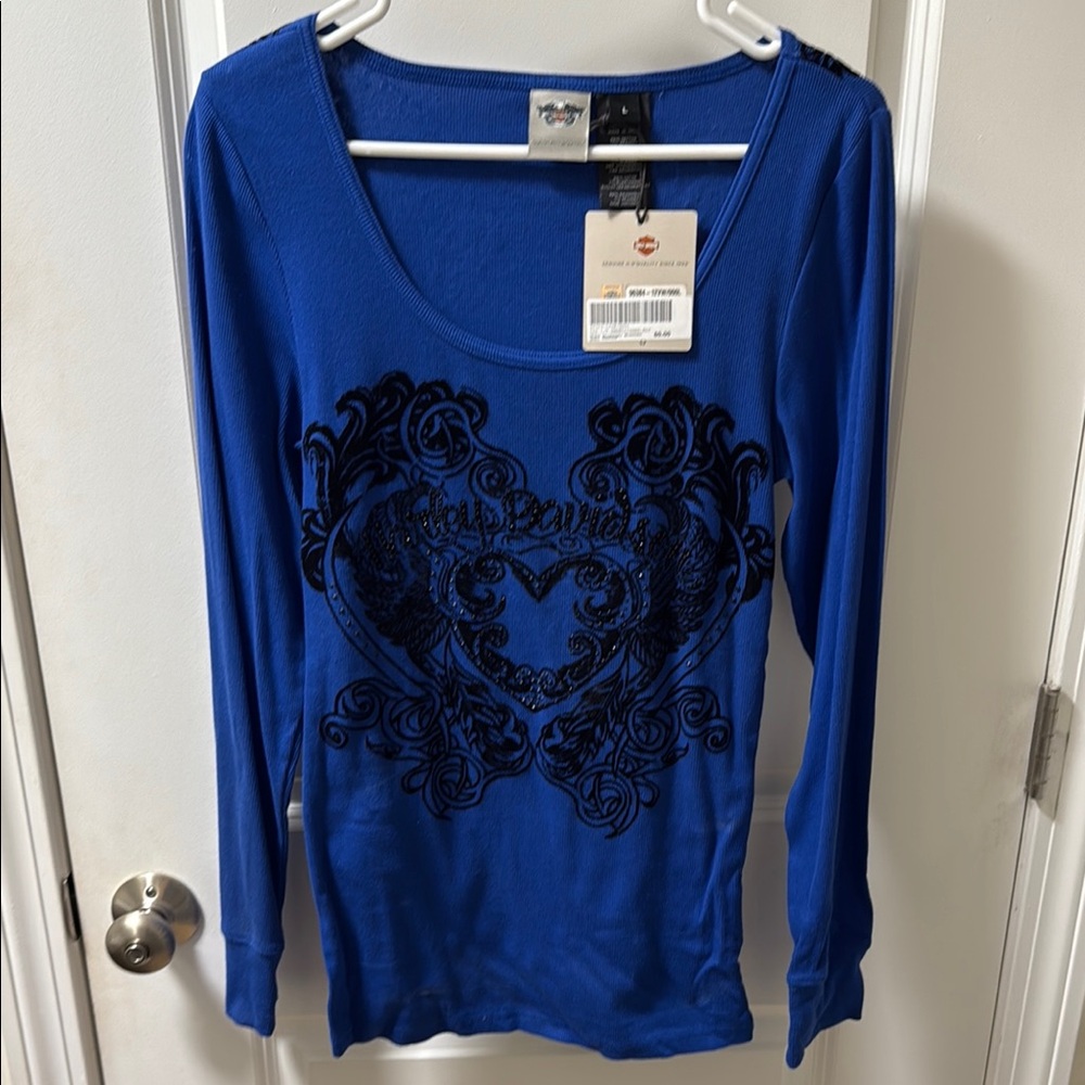 Harley-Davidson Black and Blue Graphic Long Sleeve Blouse